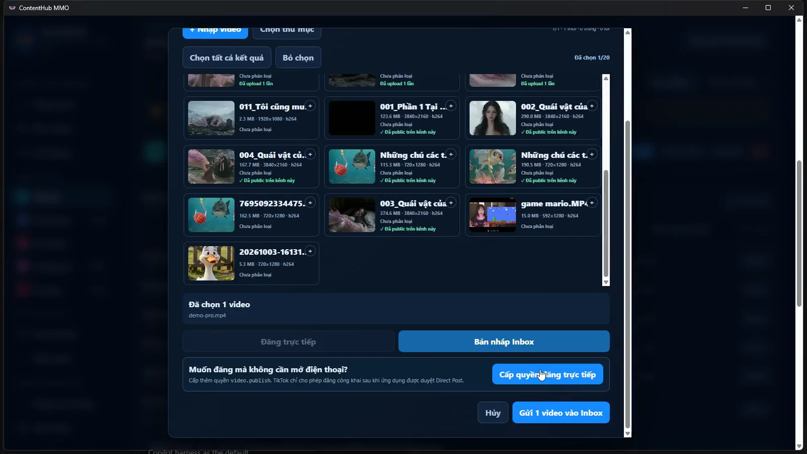 Luồng chọn video và cấp quyền Direct Post trong ContentHub MMO RC28